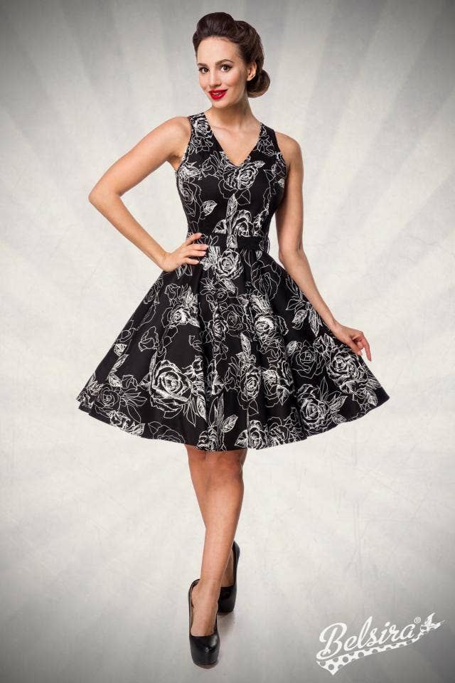 Svart -Vit Blommigt Klänning