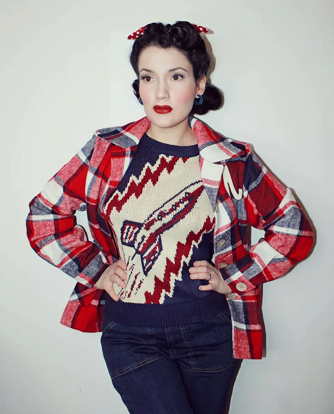 1940's Button Down Jacket-Röd/Blå